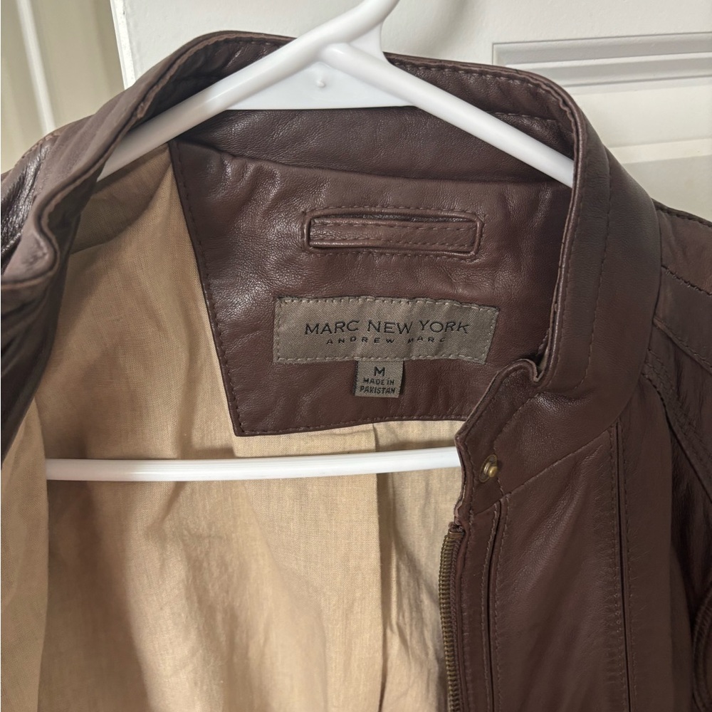 Andrew Marc Brown Leather Jacket Classic Motorcycle Style - Picture 2 of 6